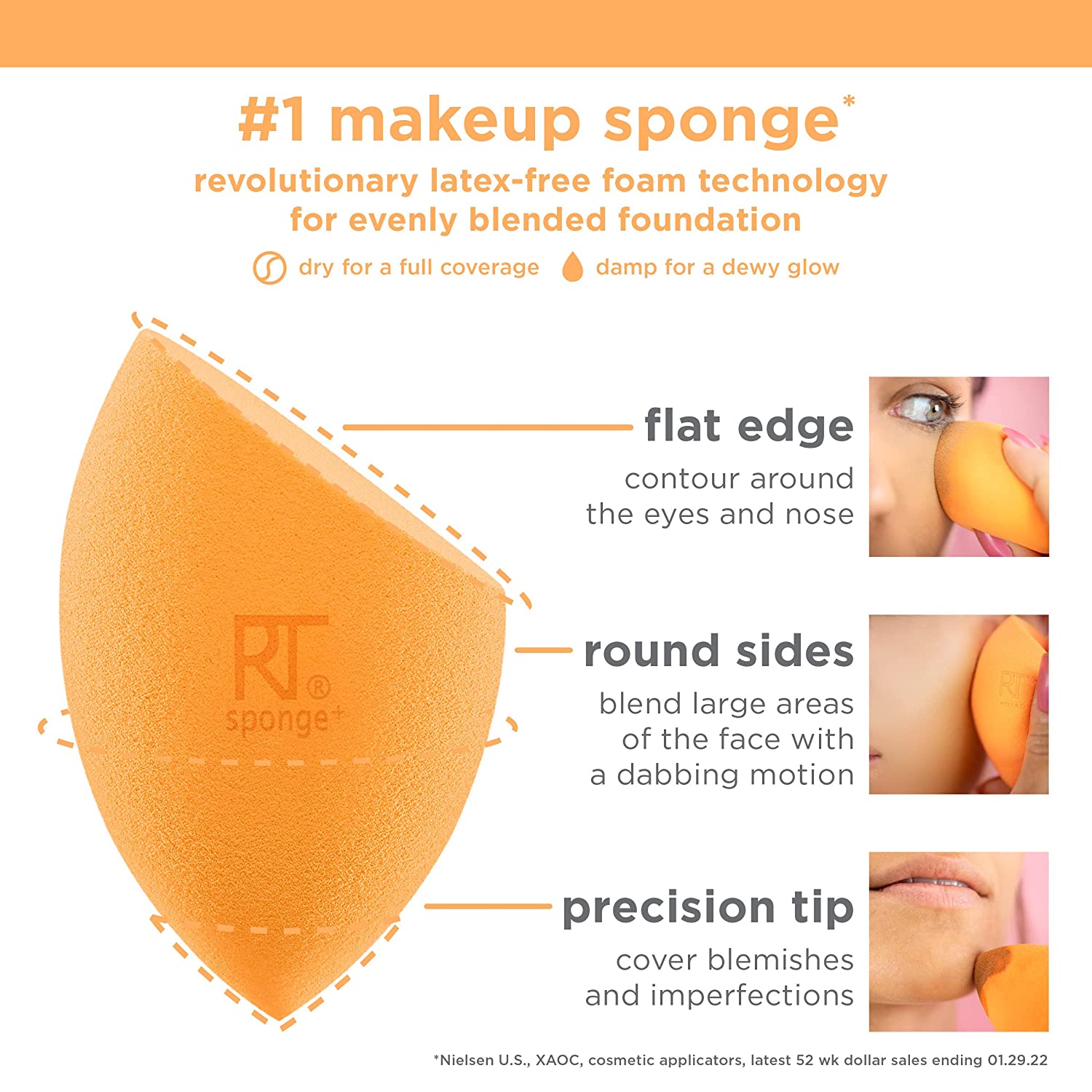 Real Techniques Miracle Complexion Sponge Duo, Makeup Blending Sponge, For Foundation, Offers Light To Medium Coverage, Natural, Dewy Makeup, Orange Sponge, Latex-Free Foam, 2 Count - Image 5